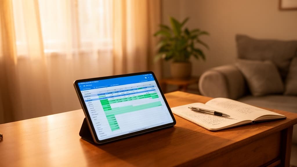 Escritório doméstico acolhedor com tablet exibindo planilha financeira e caderno de anotações, transmitindo organização e controle sob luz natural suave