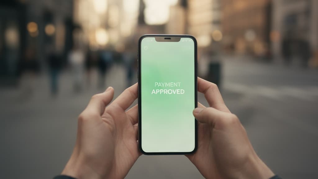 Mãos segurando um smartphone com notificação de pagamento aprovado em fundo urbano desfocado