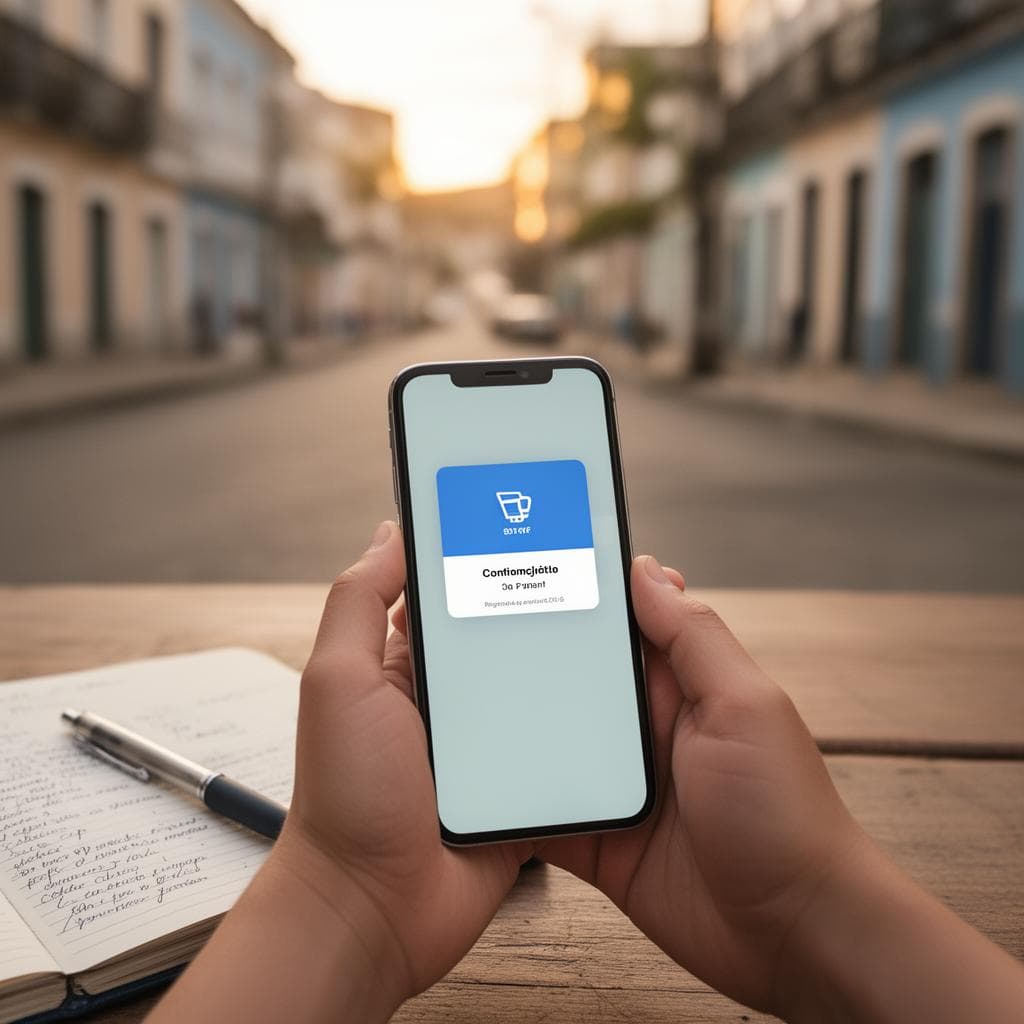 Mãos segurando um celular com notificação de pagamento confirmado, com caderno de anotações na mesa e rua urbana desfocada ao fundo