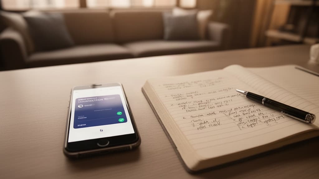 Escrita em papel ao lado de um celular com tela de confirmação de pagamento, sobre mesa organizada, simbolizando controle financeiro e mediação