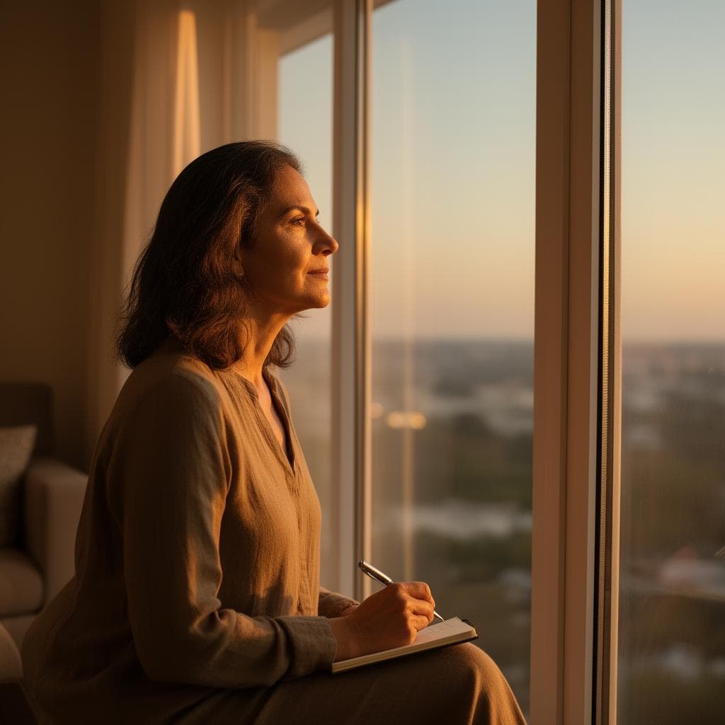 Mulher brasileira serena escrevendo em um caderno ao lado de uma janela iluminada por luz dourada, com olhar reflexivo voltado para o horizonte.