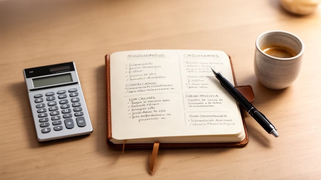 Mesa organizada com caderno aberto, caneta e calculadora, transmitindo a ideia de planejamento financeiro e clareza mental.