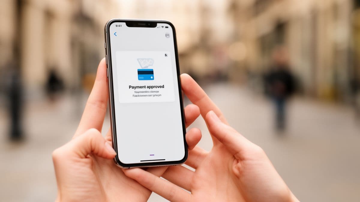 Mãos segurando smartphone com notificação de pagamento em fundo desfocado, transmitindo alívio financeiro.