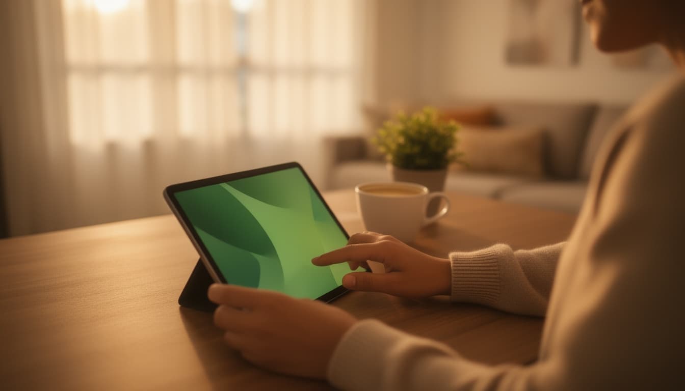 Mãos de uma pessoa segurando um tablet sobre uma mesa de madeira clara, com uma xícara de café ao lado, em um ambiente doméstico iluminado por luz natural quente.