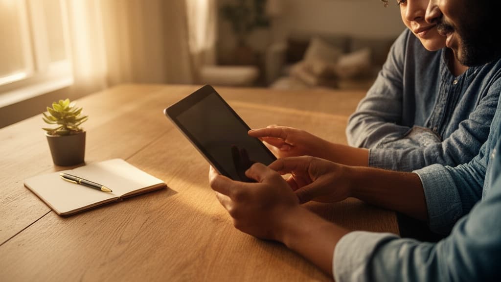 Casal revisando despesas financeiras em um tablet sobre uma mesa de jantar em ambiente acolhedor e bem iluminado